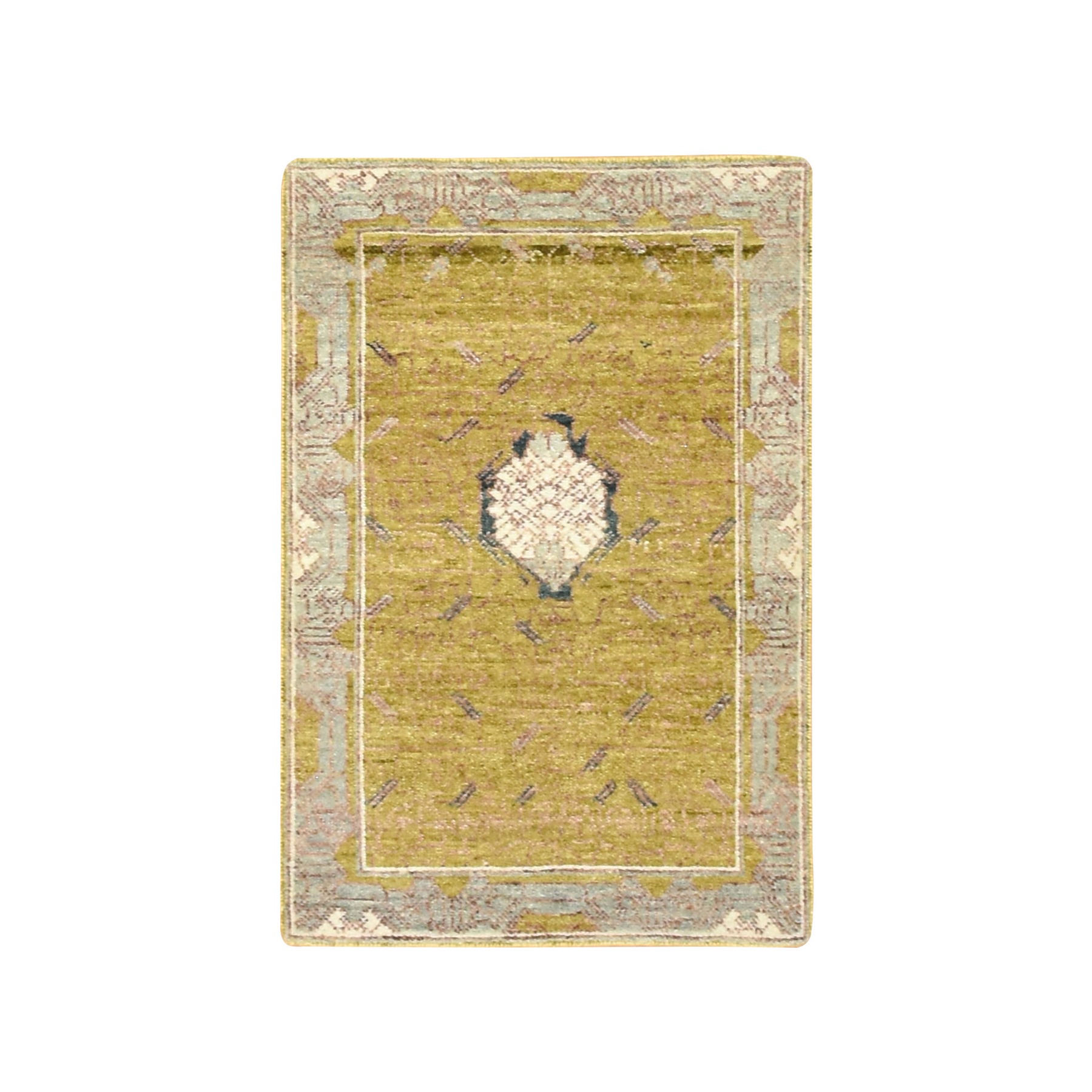 2'1"x3'1" Golden Yellow, Pinecone Design, Hand Knotted, Pure Wool, Shaved Low, Densely Woven, Mat, Sample, Oriental Rug 